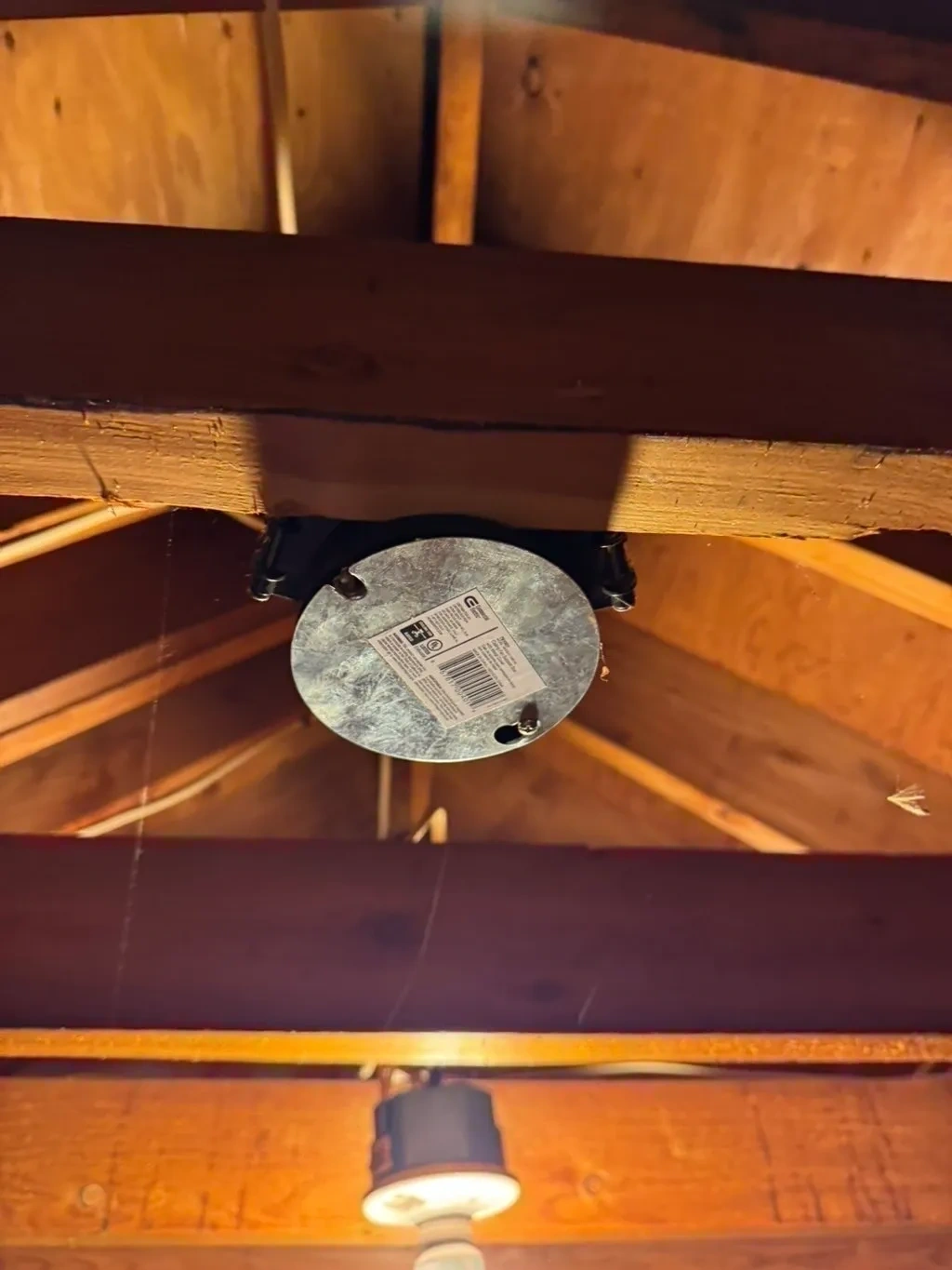 Code compliant attic junction box safely mounted with ground wire and cover plate - Hartsdale NY