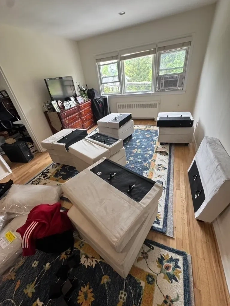 Belffin modular velvet sofa assembled and arranged in living room - Bronxville NY