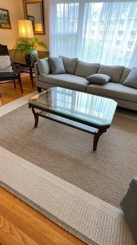 Fully assembled custom wood and glass coffee table centered in living room over rug - Larchmont NY