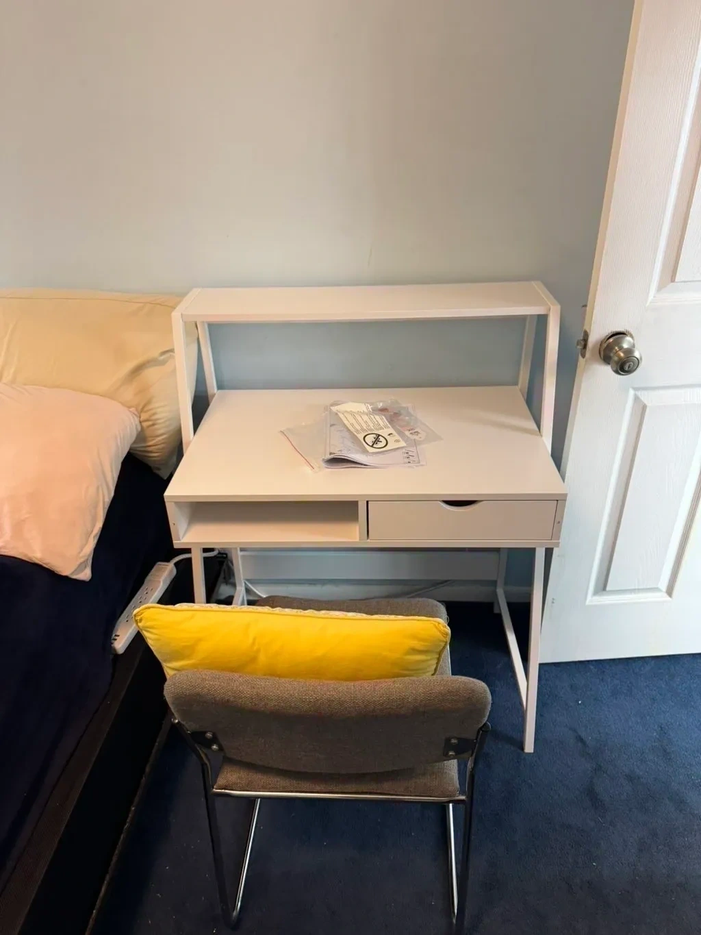 White modern writing desk with shelf fully built and positioned in bedroom - Chappaqua NY