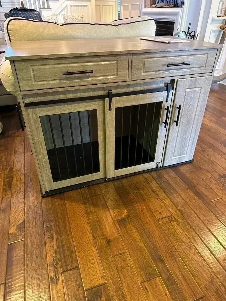 Fully assembled wooden sliding barn door dog crate credenza console with storage drawers - Chappaqua NY