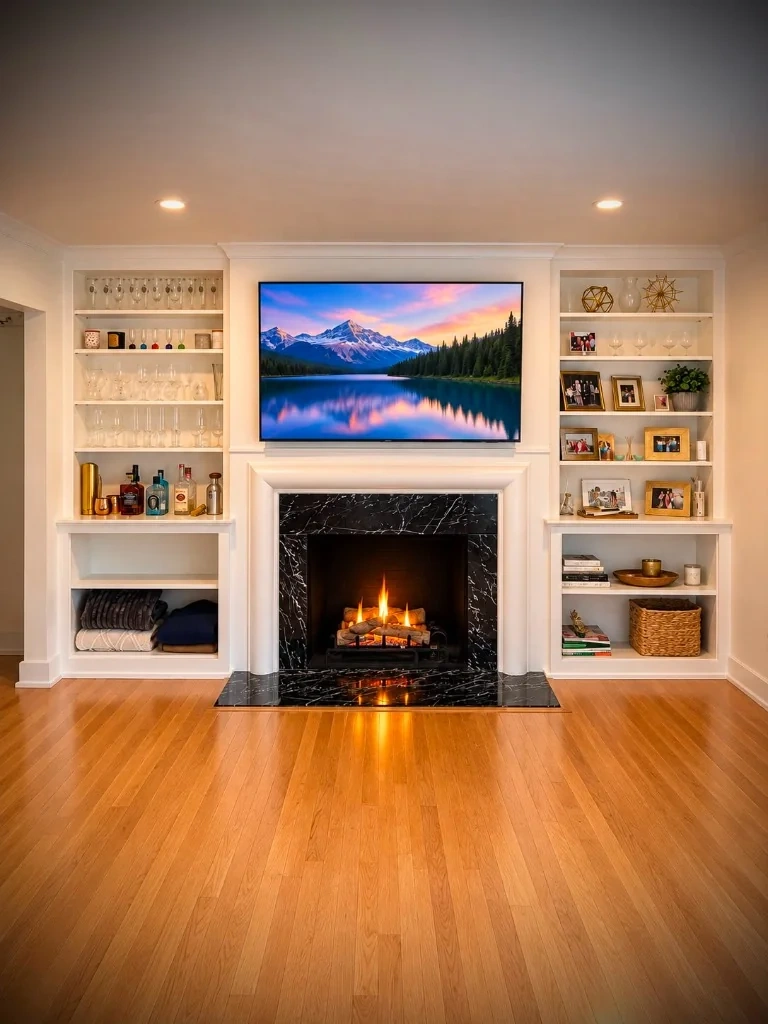 Luxury fireplace TV wall mounting with 100% invisible in-wall cable concealment in Scarsdale NY