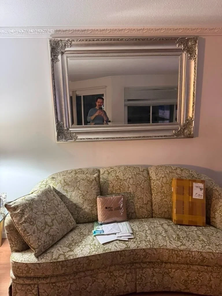 Heavy ornate silver framed mirror securely stud-anchored and mounted flush above sofa - Harrison NY