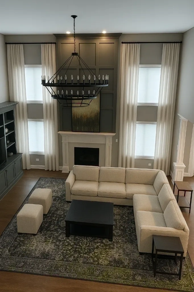 Custom two-story high ceiling curtain rod and floor-to-ceiling white drapes installation - Armonk NY
