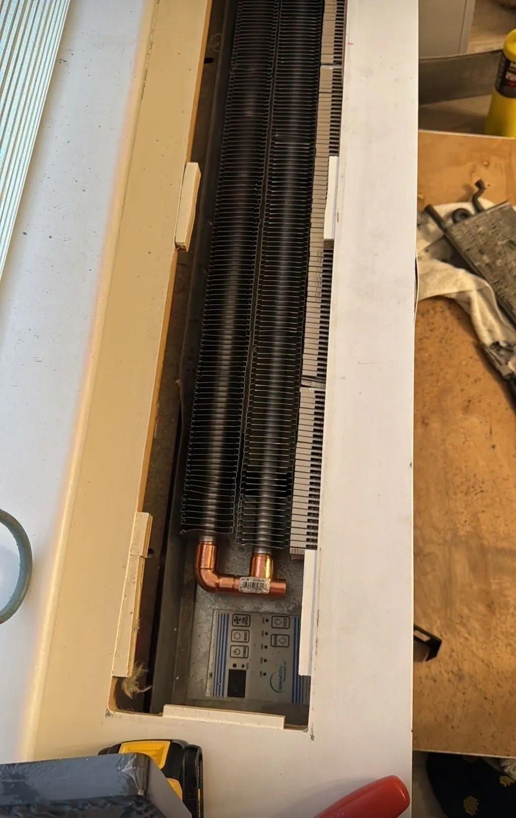 New copper HVAC heating and cooling radiator coil installed and plumbed - Mamaroneck NY