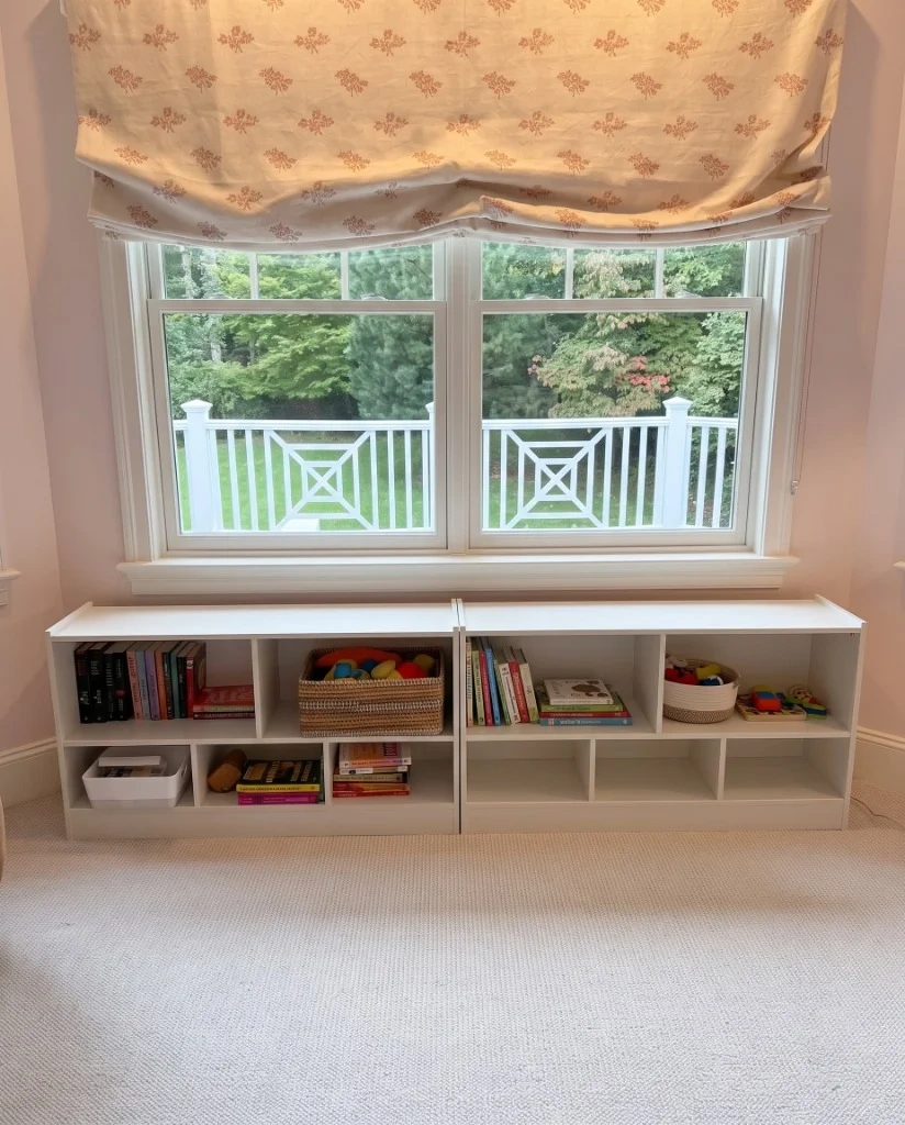 Dual white modular low-profile bookcase and toy cubby storage units assembled and staged under window in Chappaqua, NY