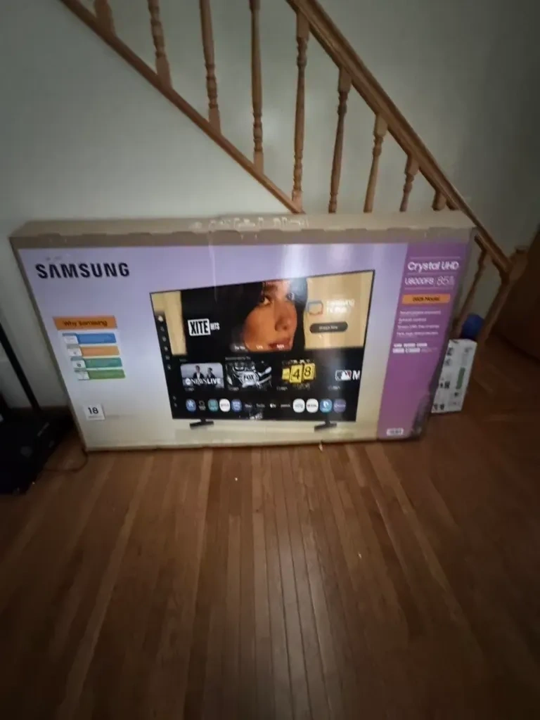 85 inch Samsung TV unboxed before wall mounting - Scarsdale NY
