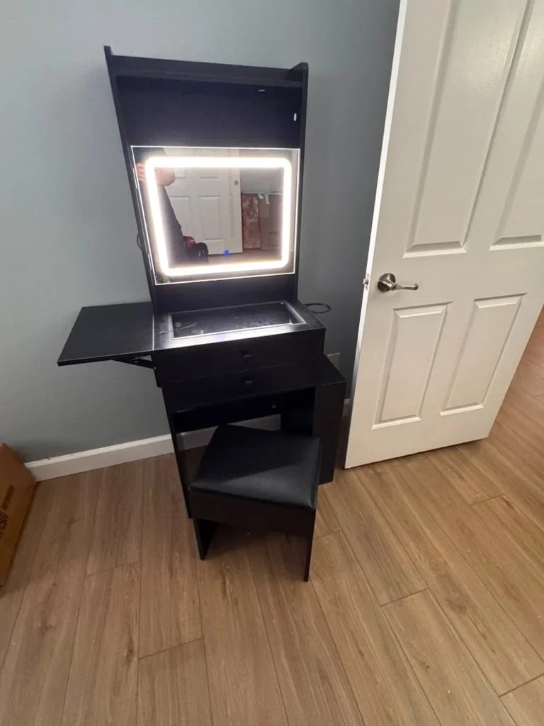 Illuminated black LED vanity desk and matching stool assembled - Scarsdale NY