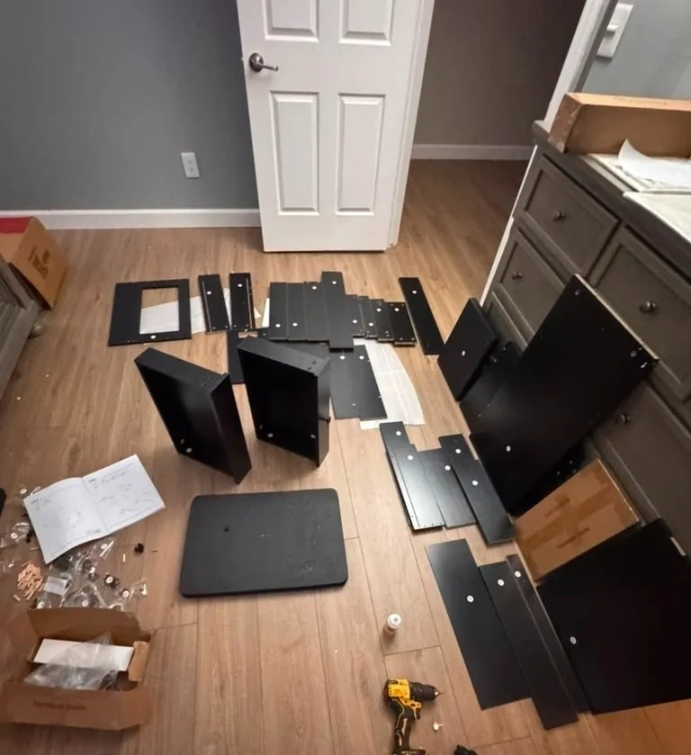 Flat pack vanity parts unpacked before assembly - Scarsdale NY
