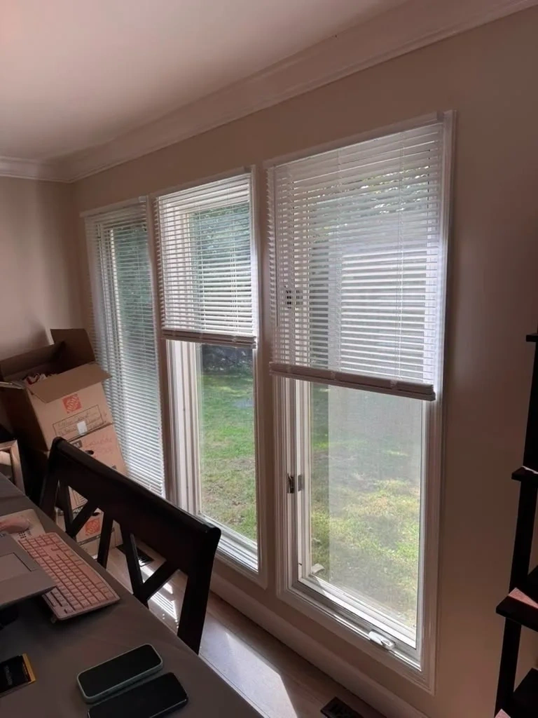 Custom white horizontal window blinds fitted and mounted on 3 windows - Scarsdale NY